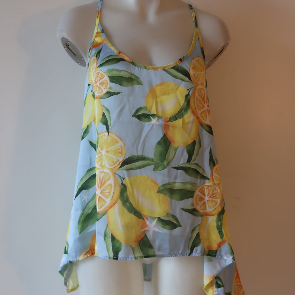 NWT Womens Bululu Blue Lemon Yellow Asymmetric Hem Tiritas Limone Cami Top S *